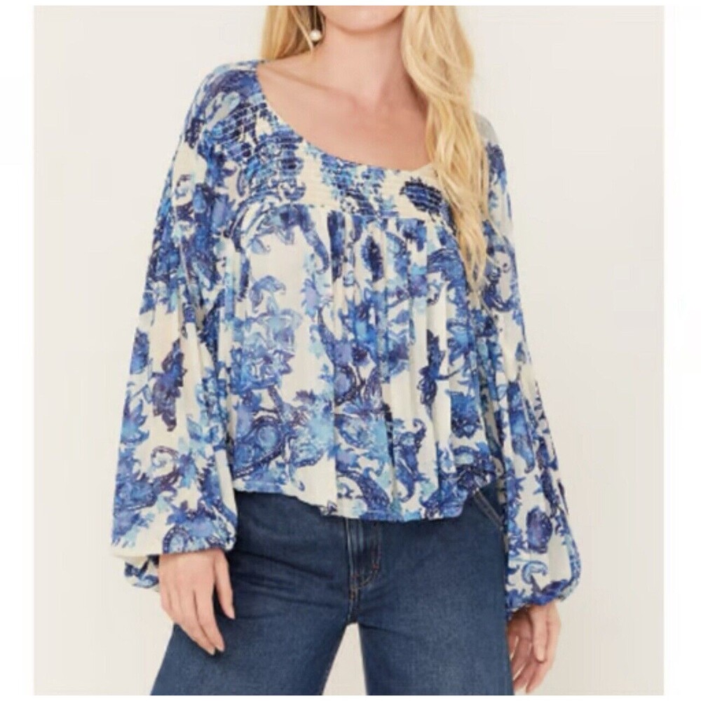 Free People Up For Anything Floral Top Boho Sheer Size Small Ballon Cottage Blue